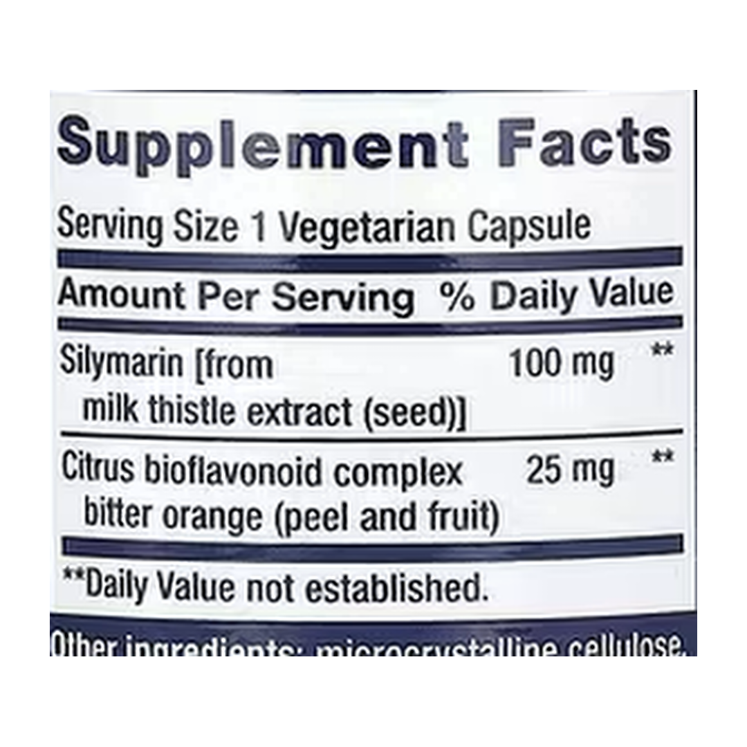 Life Extension, Silymarin, 100 mg, 90 Vegetarian Capsules supplement facts label showing ingredients, vitamins, minerals, and serving information