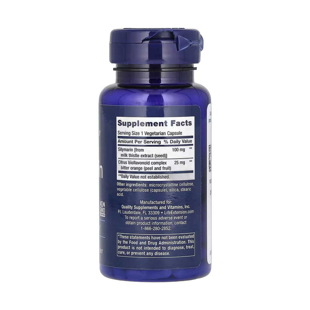 Life Extension, Silymarin, 100 mg, 90 Vegetarian Capsules back packaging view