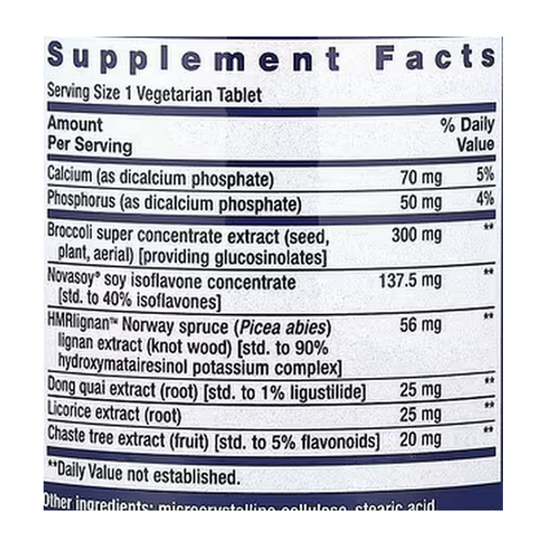 Life Extension, Women's Health, Estrogen for Women, 30 Vegetarian Tablets supplement facts label showing ingredients, vitamins, minerals, and serving information