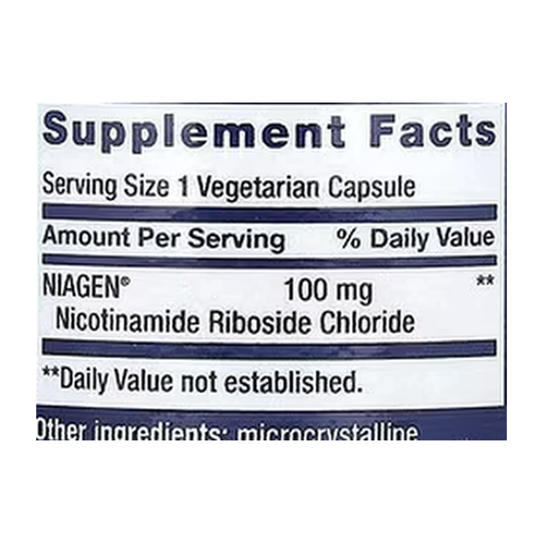 Life Extension, NAD+ Cell Regenerator, 100 mg, 30 Vegetarian Capsules supplement facts label showing ingredients, vitamins, minerals, and serving information