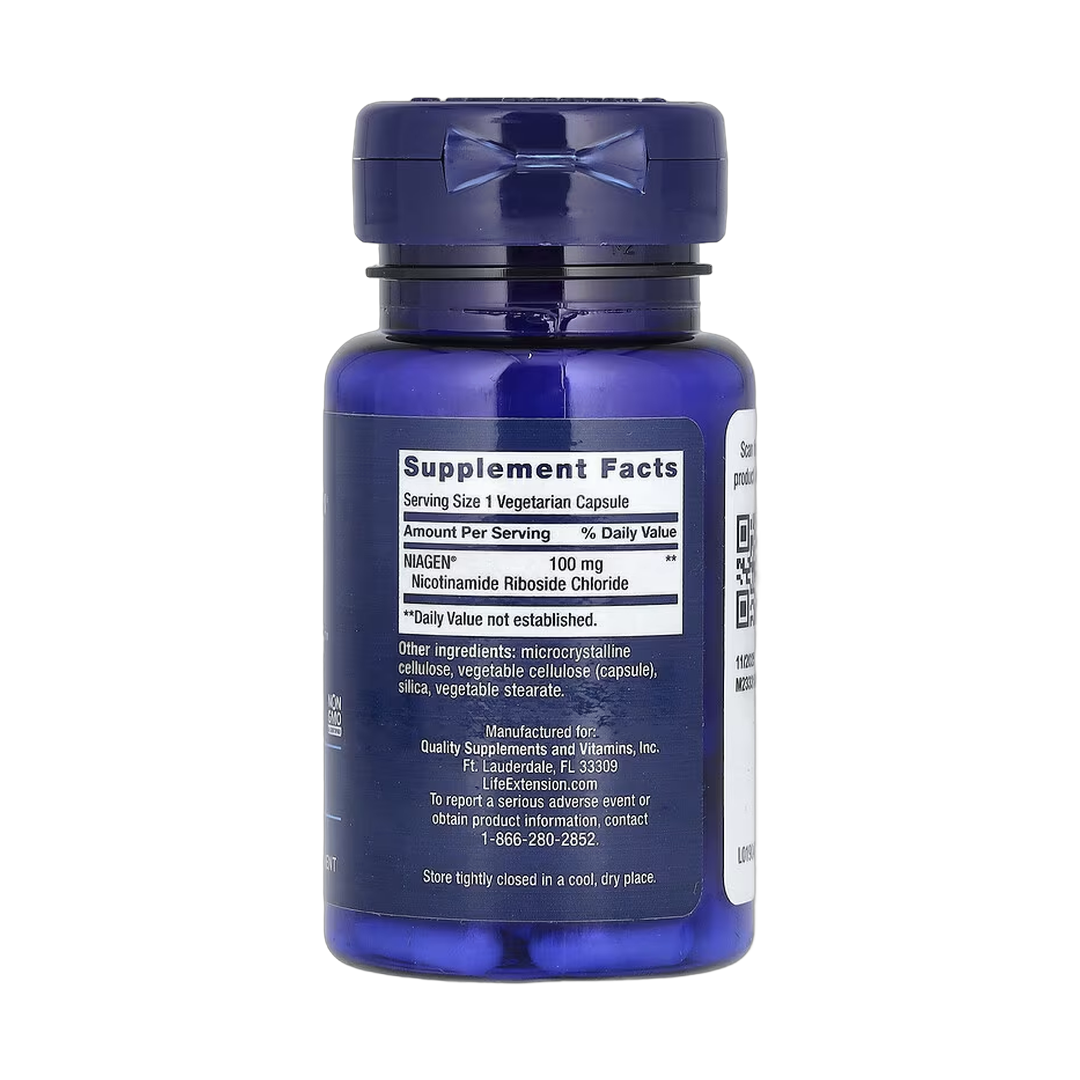Life Extension, NAD+ Cell Regenerator, 100 mg, 30 Vegetarian Capsules back packaging view