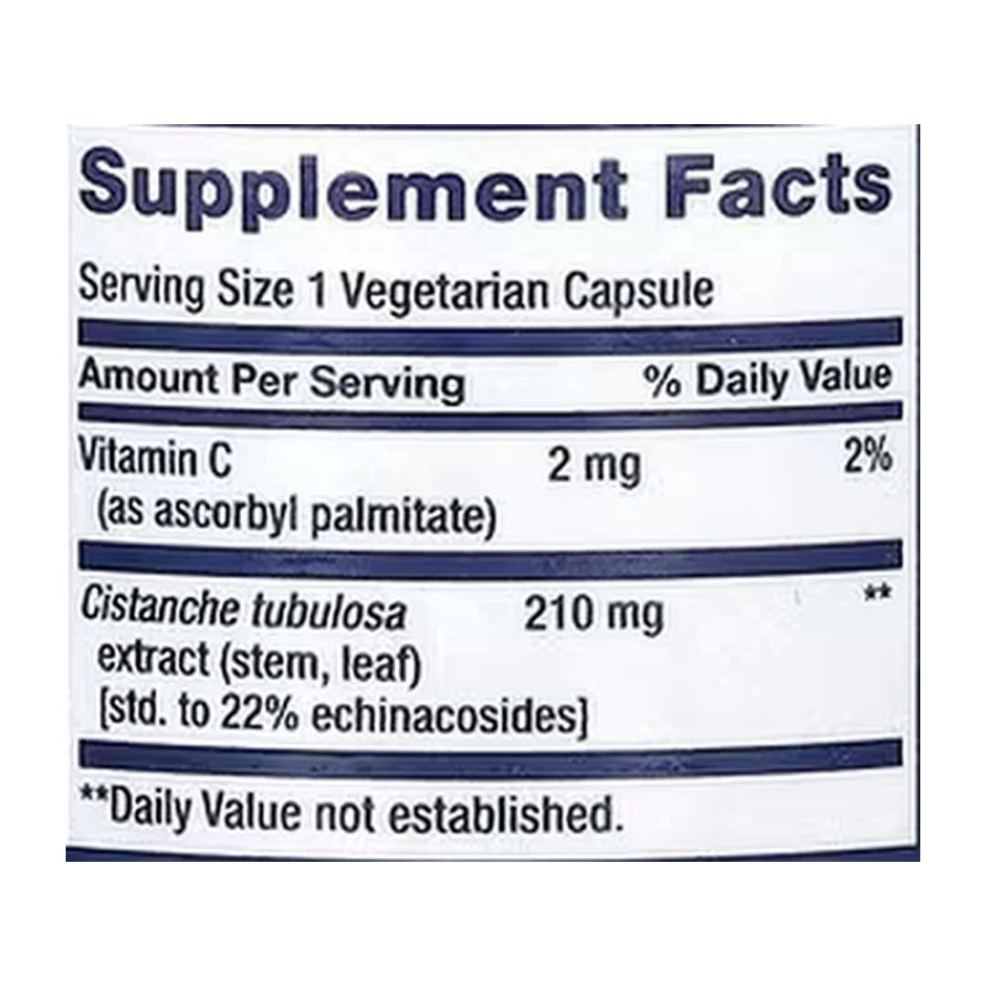 Life Extension, Standardized Cistanche, 30 Vegetarian Capsules supplement facts label showing ingredients, vitamins, minerals, and serving information