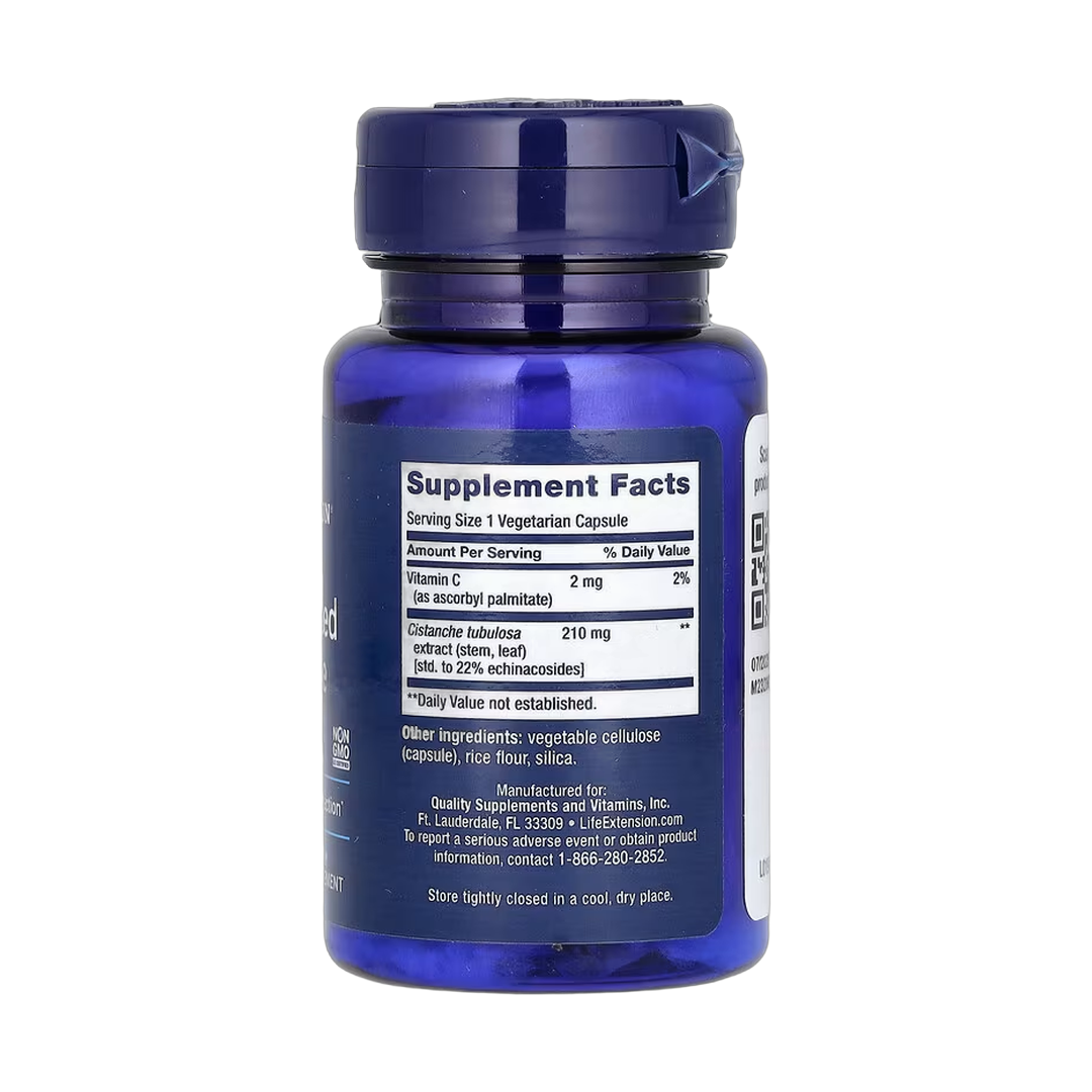 Life Extension, Standardized Cistanche, 30 Vegetarian Capsules back packaging view