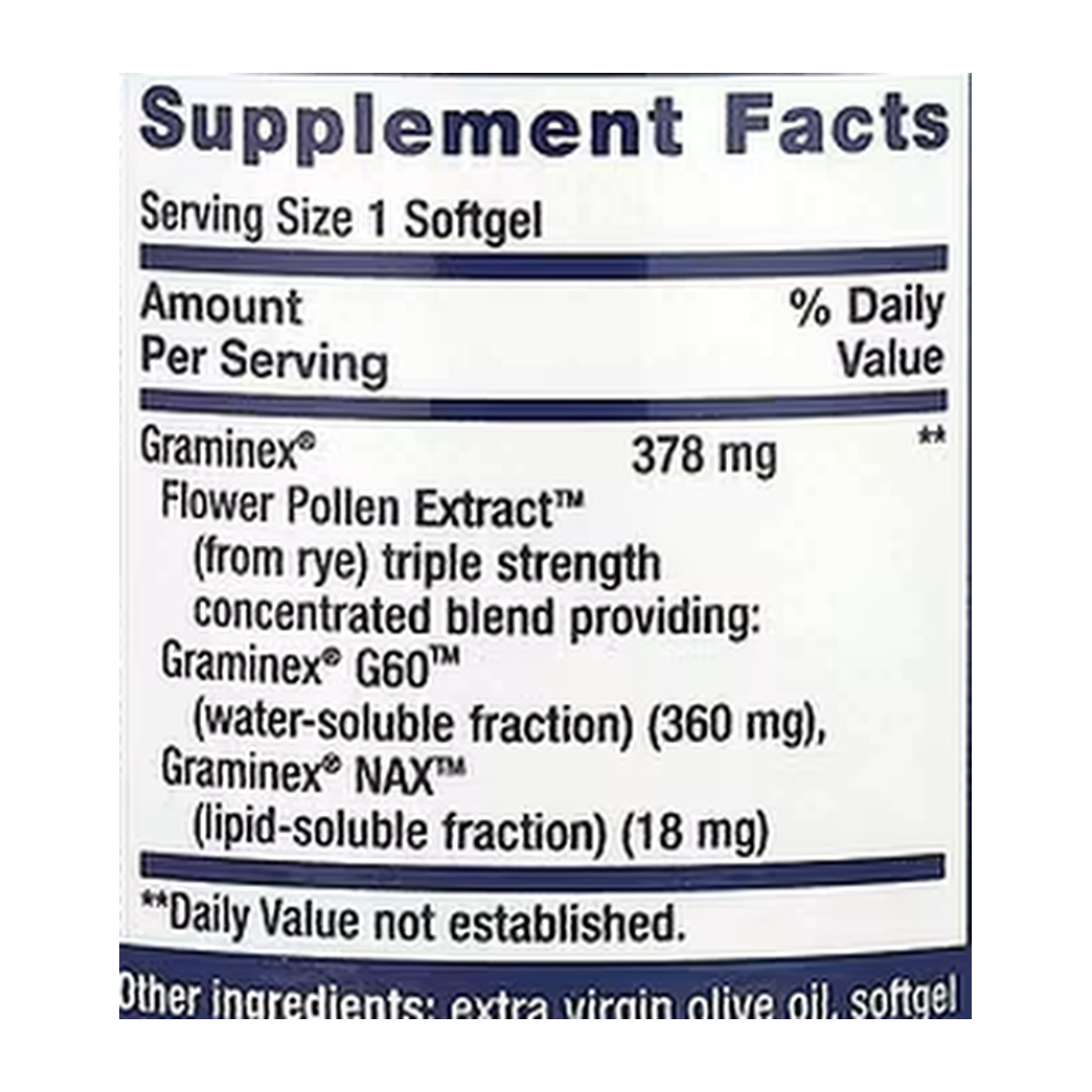 Life Extension, Triple Strength ProstaPollen™, 30 Softgels supplement facts label showing ingredients, vitamins, minerals, and serving information