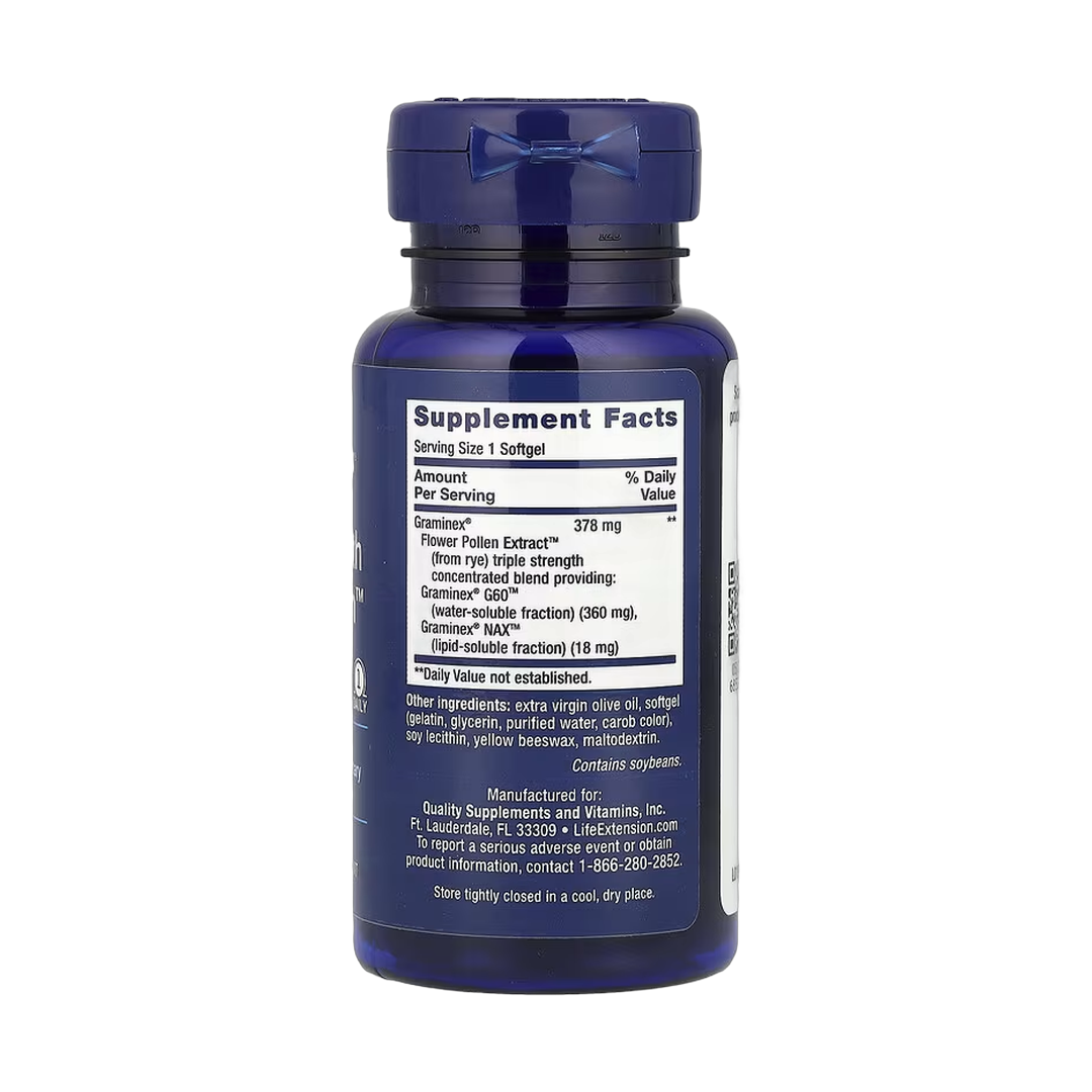 Life Extension, Triple Strength ProstaPollen, 30 Softgels back packaging view