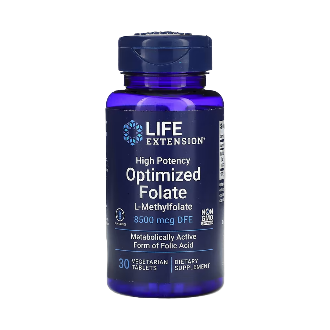 Life Extension, High Potency Optimized Folate, 8,500 mcg DFE, 30 Vegetarian Tablets front packaging view
