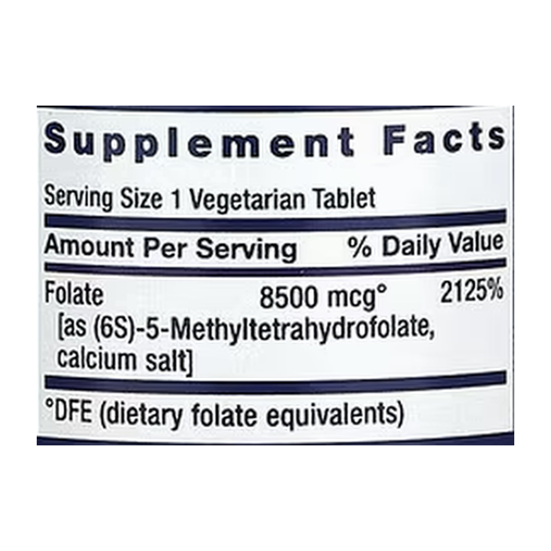 Life Extension, High Potency Optimized Folate, 8,500 mcg DFE, 30 Vegetarian Tablets supplement facts label showing ingredients, vitamins, minerals, and serving information