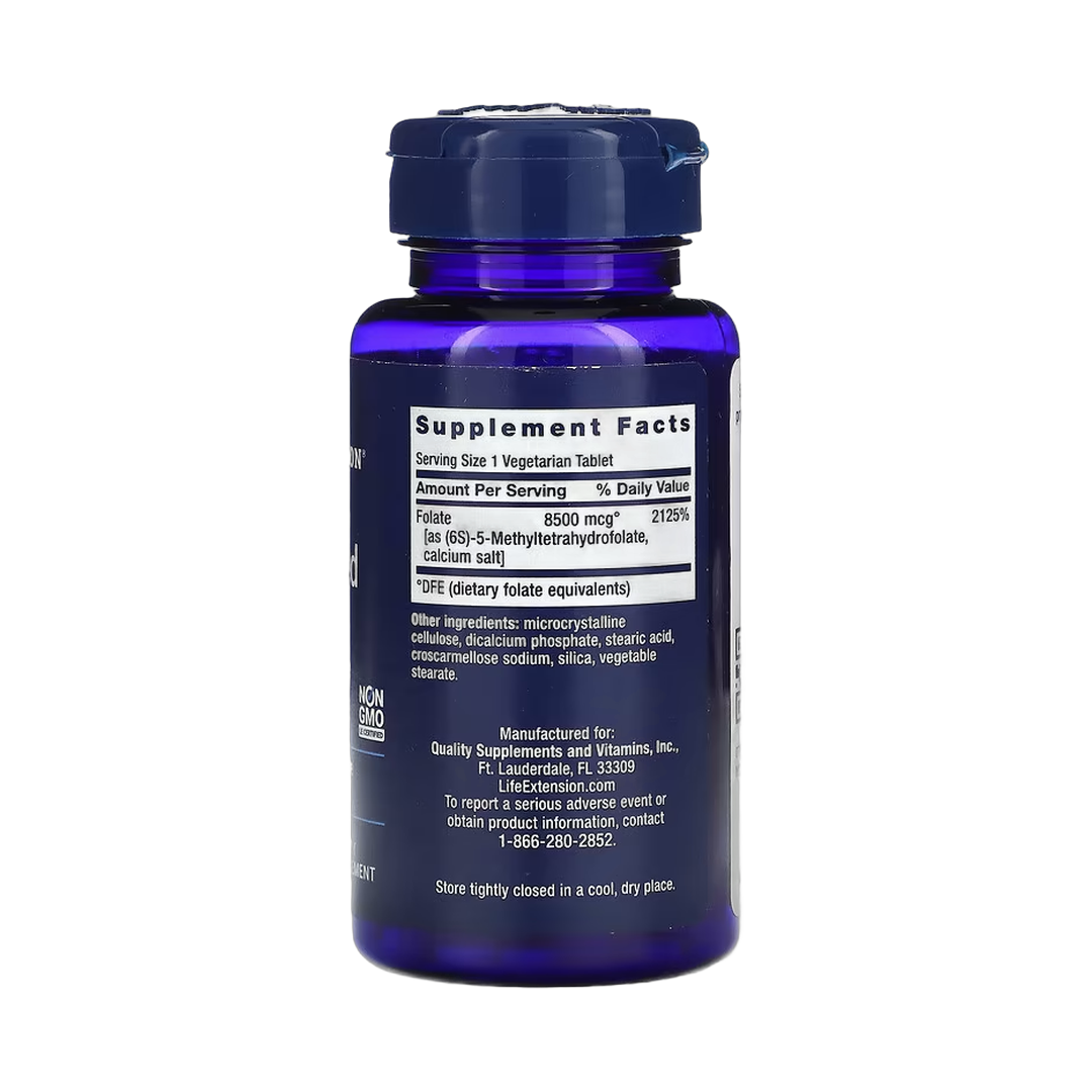 Life Extension, High Potency Optimized Folate, 8,500 mcg DFE, 30 Vegetarian Tablets back packaging view