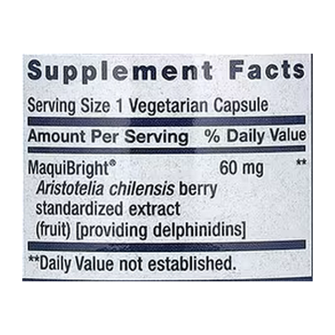 Life Extension, Tear Support with MaquiBright, Maqui Berry Extract, 60 mg, 30 Vegetarian Capsules supplement facts label showing ingredients, vitamins, minerals, and serving information