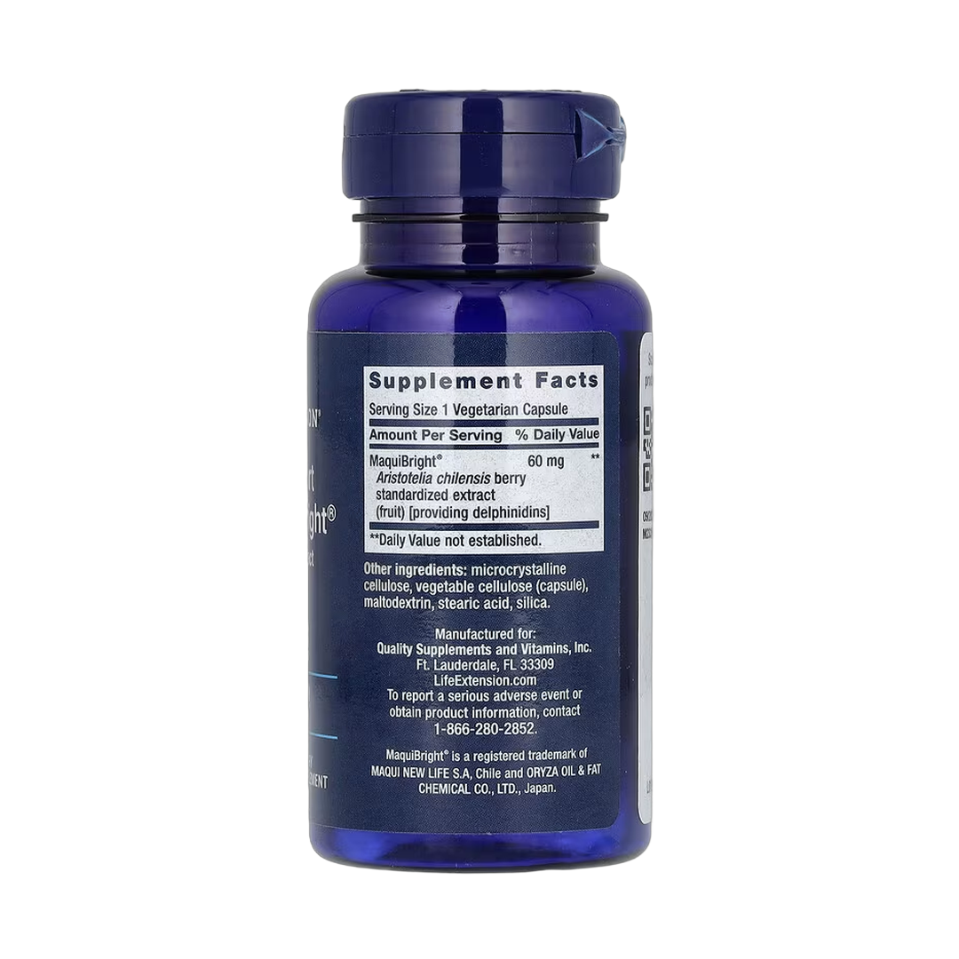 Life Extension, Tear Support with MaquiBright, Maqui Berry Extract, 60 mg, 30 Vegetarian Capsules back packaging view