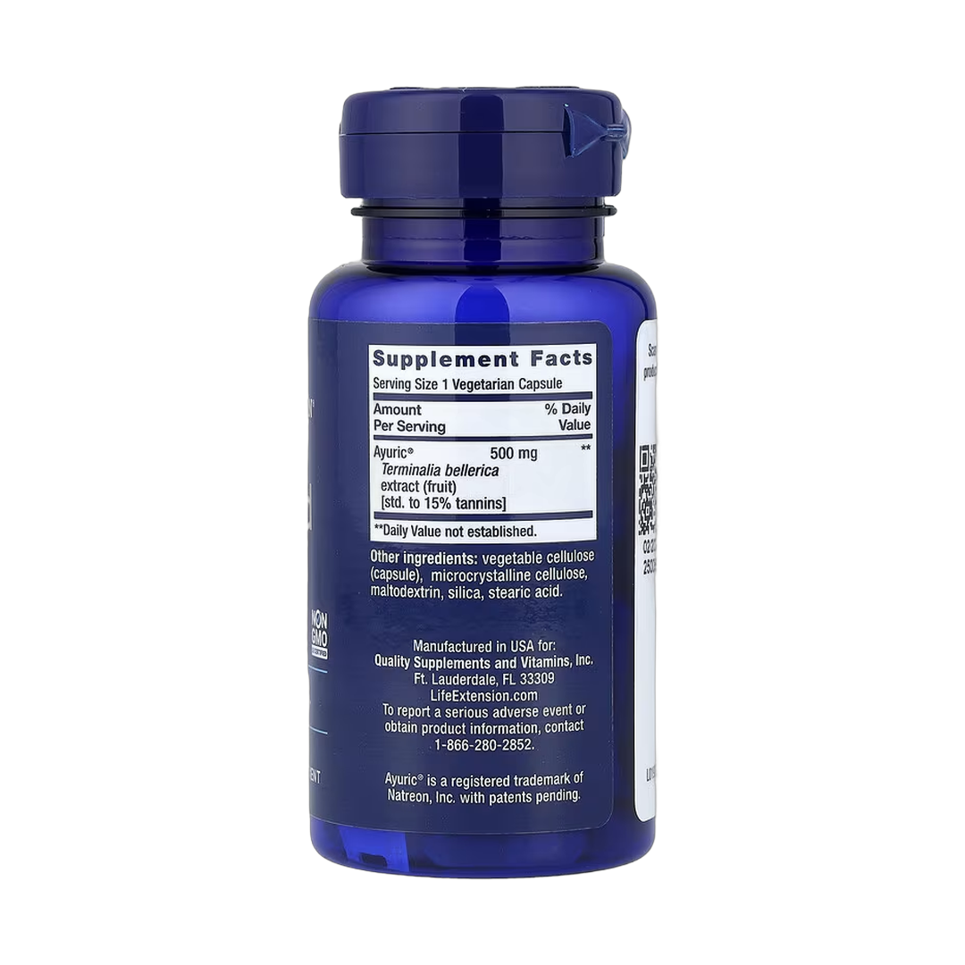 Life Extension, Uric Acid Control, 60 Vegetarian Capsules back packaging view