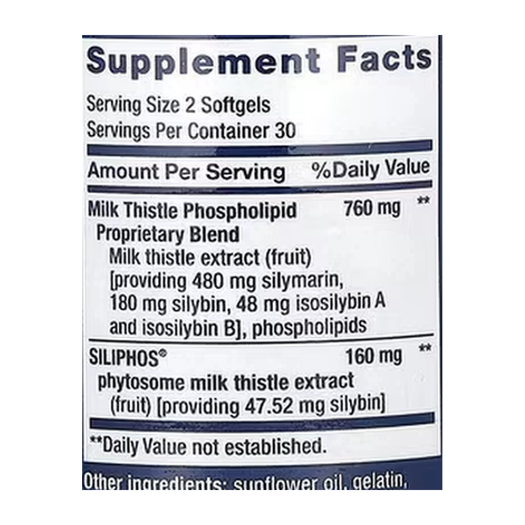 Life Extension, Advanced Milk Thistle, 60 Softgels supplement facts label showing ingredients, vitamins, minerals, and serving information