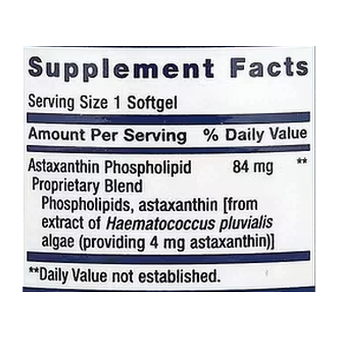 Life Extension, Astaxanthin with Phospholipids, 30 Softgels supplement facts label showing ingredients, vitamins, minerals, and serving information