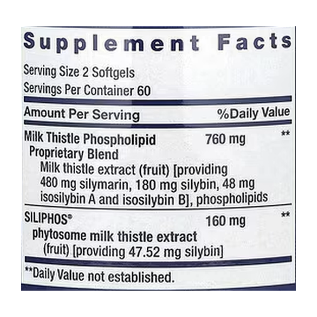 Life Extension, Advanced Milk Thistle, 120 Softgels supplement facts label showing ingredients, vitamins, minerals, and serving information