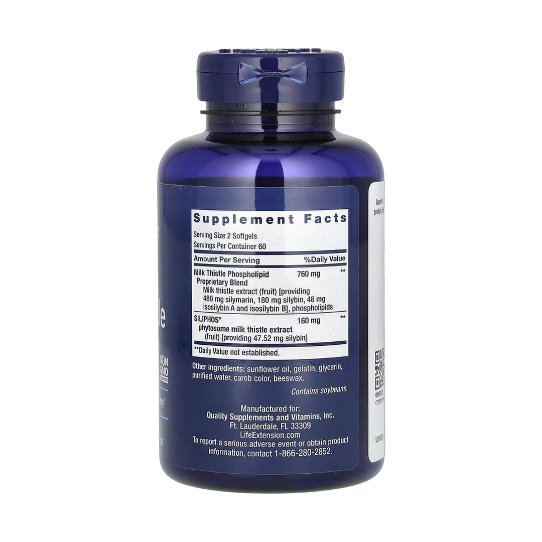 Life Extension, Advanced Milk Thistle, 120 Softgels back packaging view