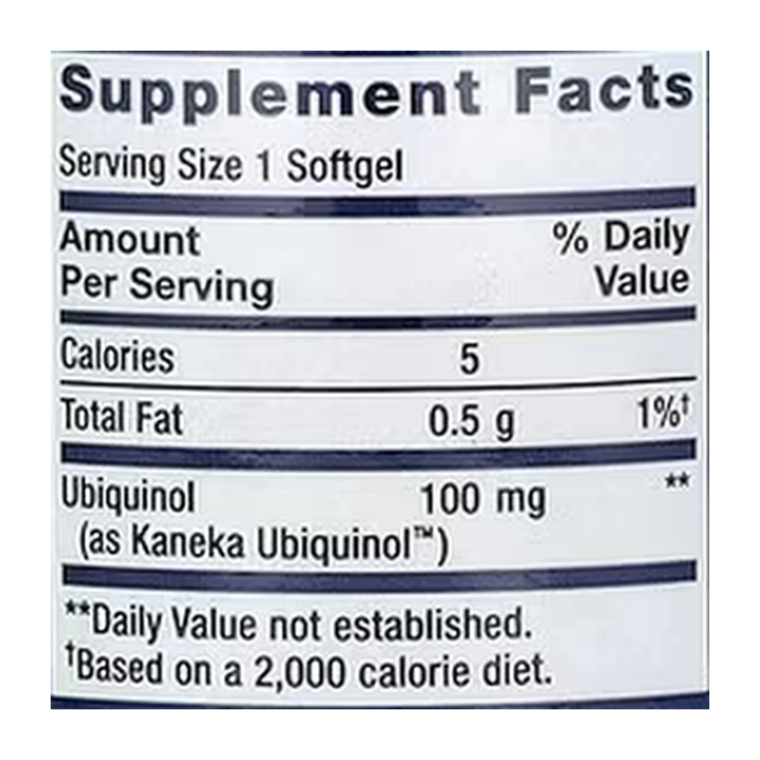 Life Extension, Super Ubiquinol CoQ10, 100 mg, 60 Softgels supplement facts label showing ingredients, vitamins, minerals, and serving information