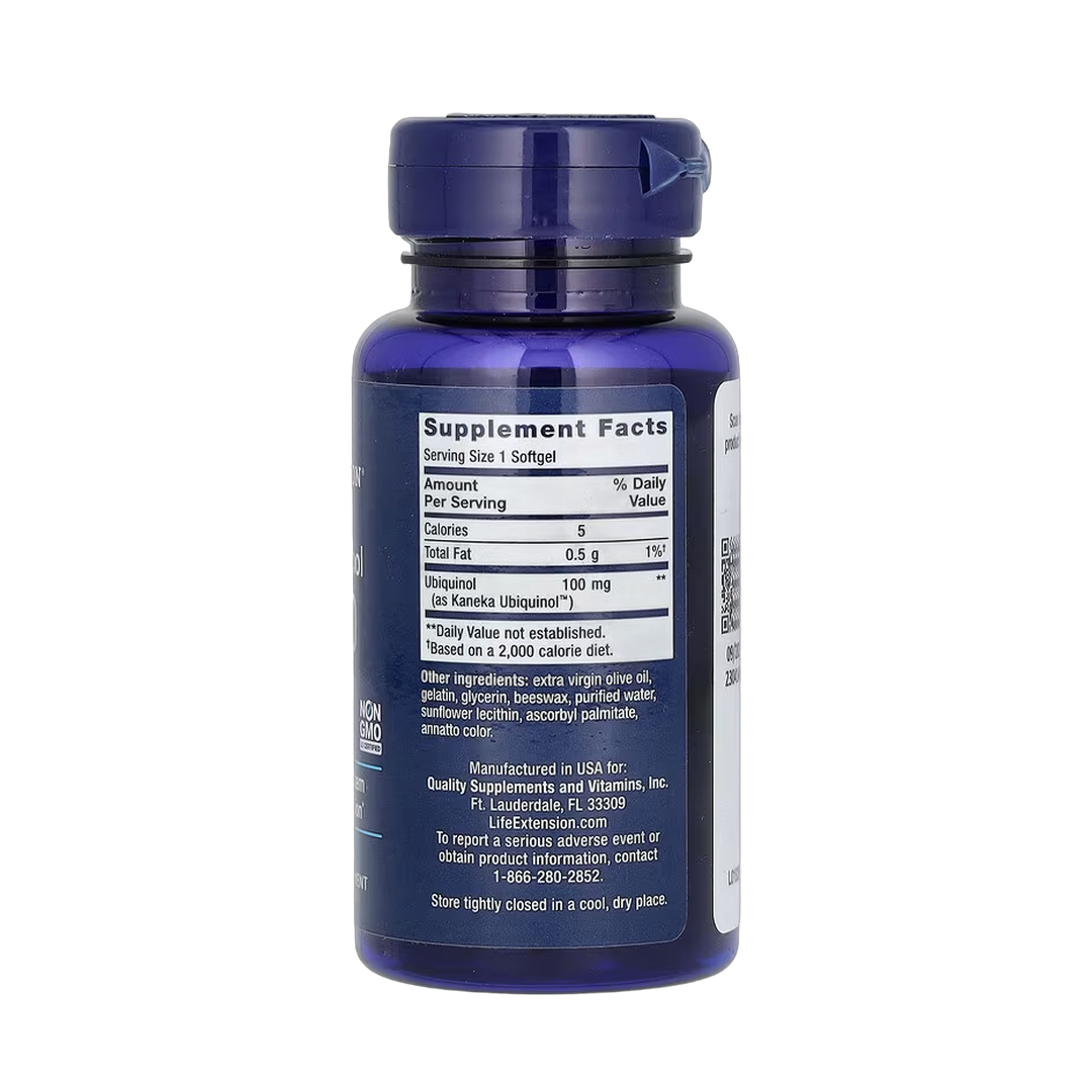 Life Extension, Super Ubiquinol CoQ10, 100 mg, 60 Softgels back packaging view