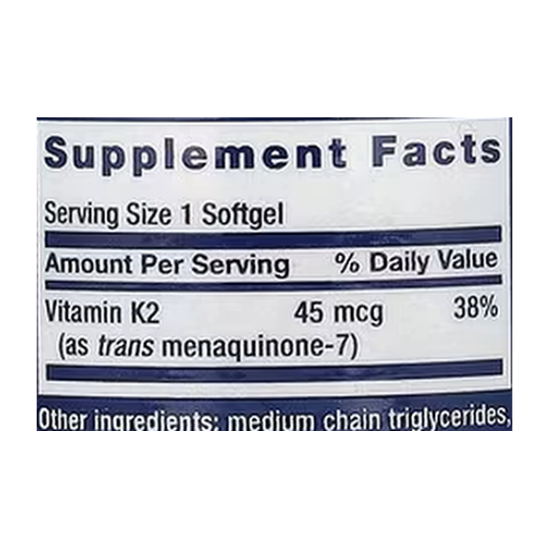 Life Extension, Low Dose Vitamin K2 (MK-7), 45 Mcg, 90 Softgels supplement facts label showing ingredients, vitamins, minerals, and serving information