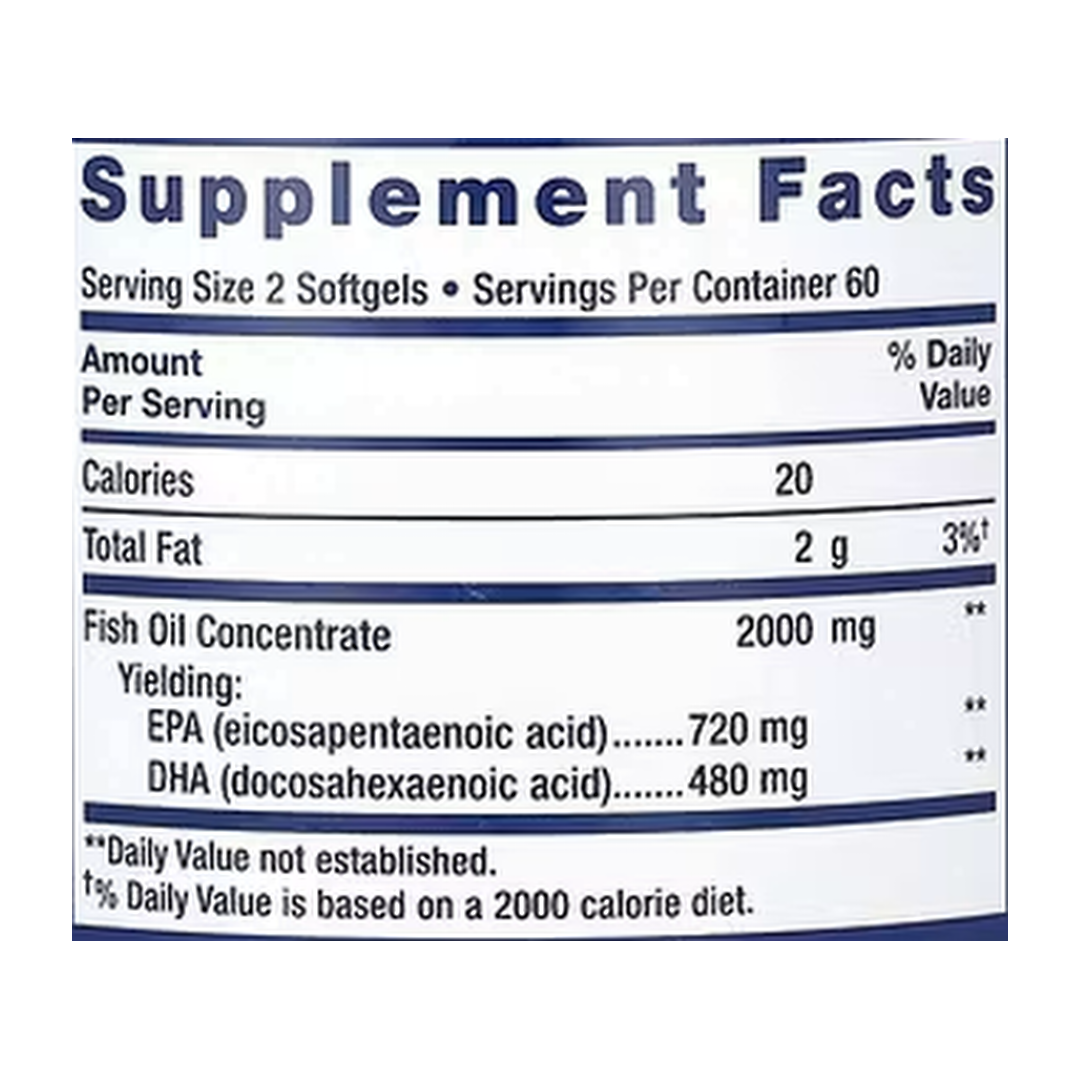 Life Extension, Mega EPA/DHA, 120 Softgels supplement facts label showing ingredients, vitamins, minerals, and serving information