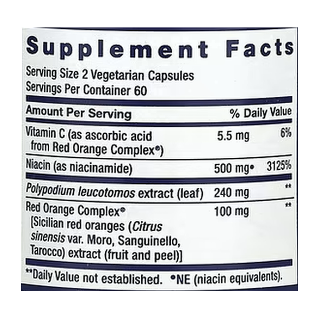 Life Extension, Shade Factor, 120 Vegetarian Capsules supplement facts label showing ingredients, vitamins, minerals, and serving information
