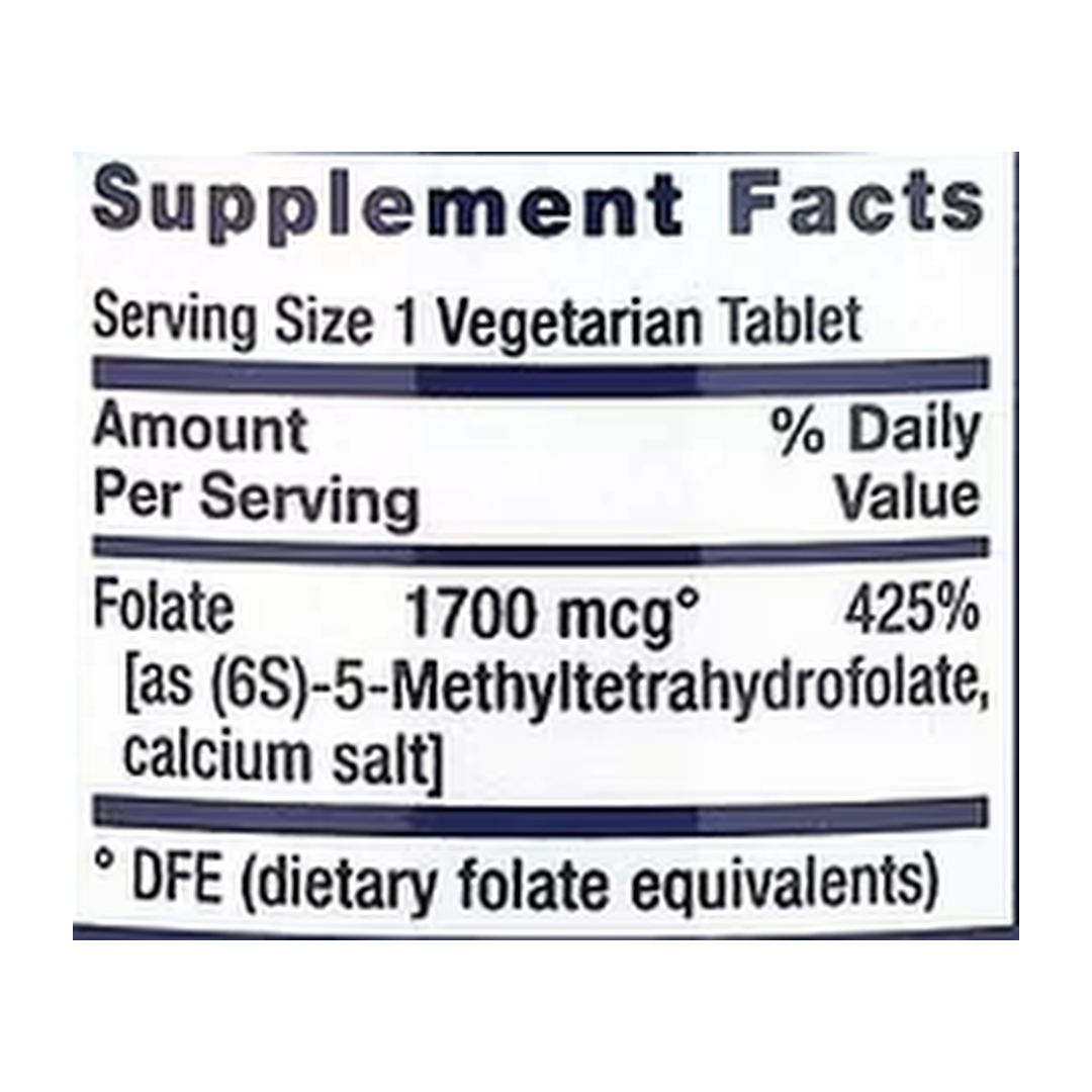 Life Extension, Optimized Folate, 1,700 mcg DFE, 100 Vegetarian Tablets supplement facts label showing ingredients, vitamins, minerals, and serving information