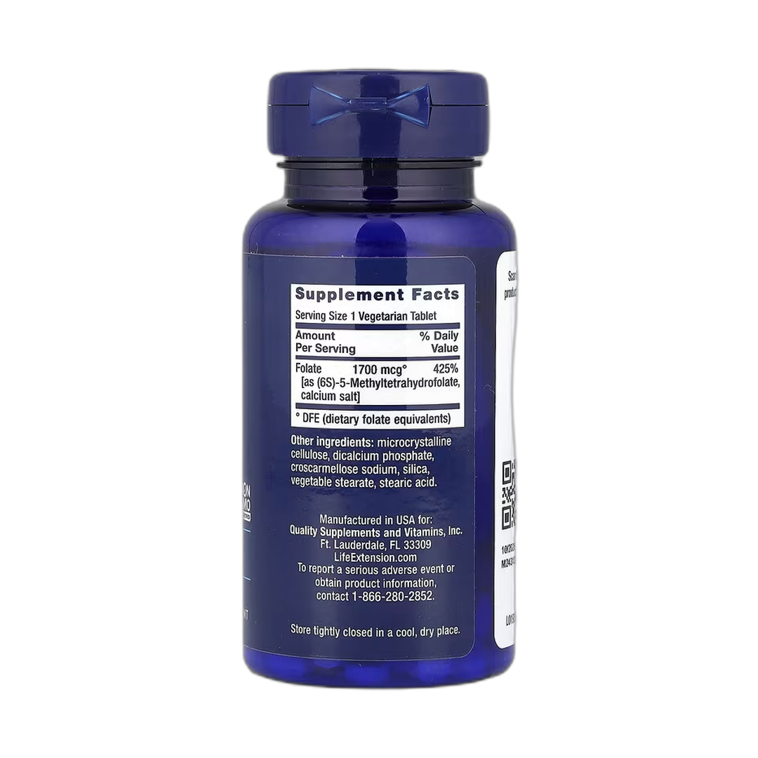 Life Extension, Optimized Folate, 1,700 mcg DFE, 100 Vegetarian Tablets back packaging view
