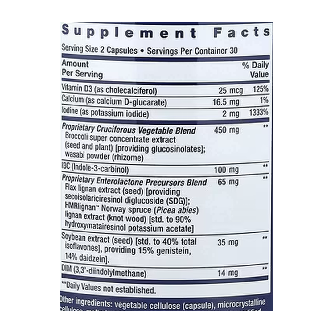 Life Extension, Women's Health, Breast Health Formula, 60 Capsules supplement facts label showing ingredients, vitamins, minerals, and serving information