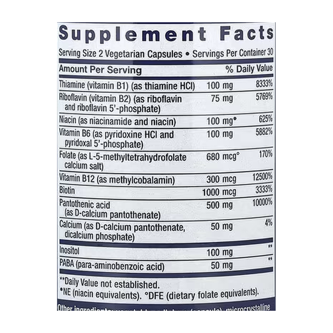 Life Extension, BioActive Complete B-Complex, 60 Vegetarian Capsules supplement facts label showing ingredients, vitamins, minerals, and serving information