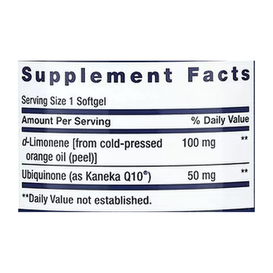 Life Extension, Super-Absorbable CoQ10 with d-Limonene, 50 mg, 60 Softgels supplement facts label showing ingredients, vitamins, minerals, and serving information