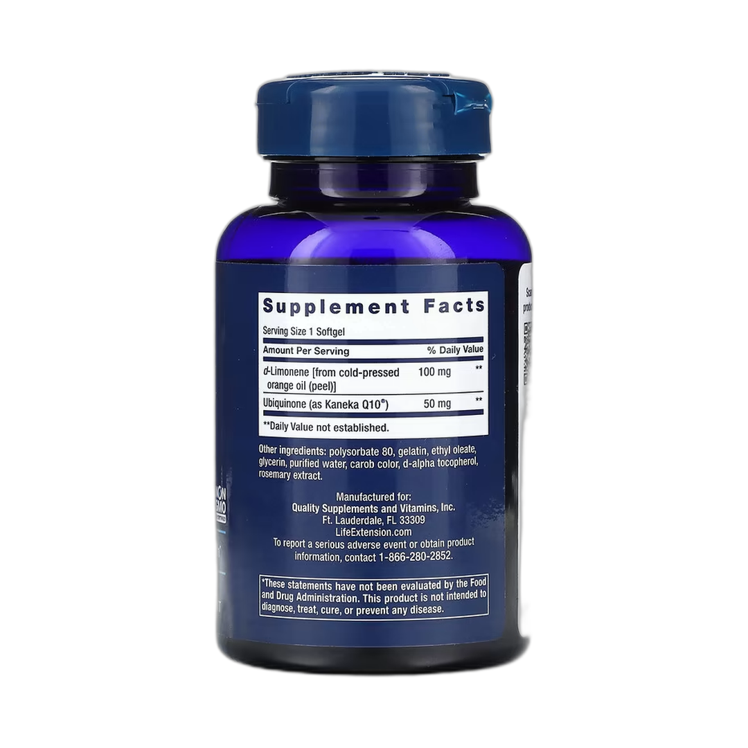 Life Extension, Super-Absorbable CoQ10 with d-Limonene, 50 mg, 60 Softgels back packaging view