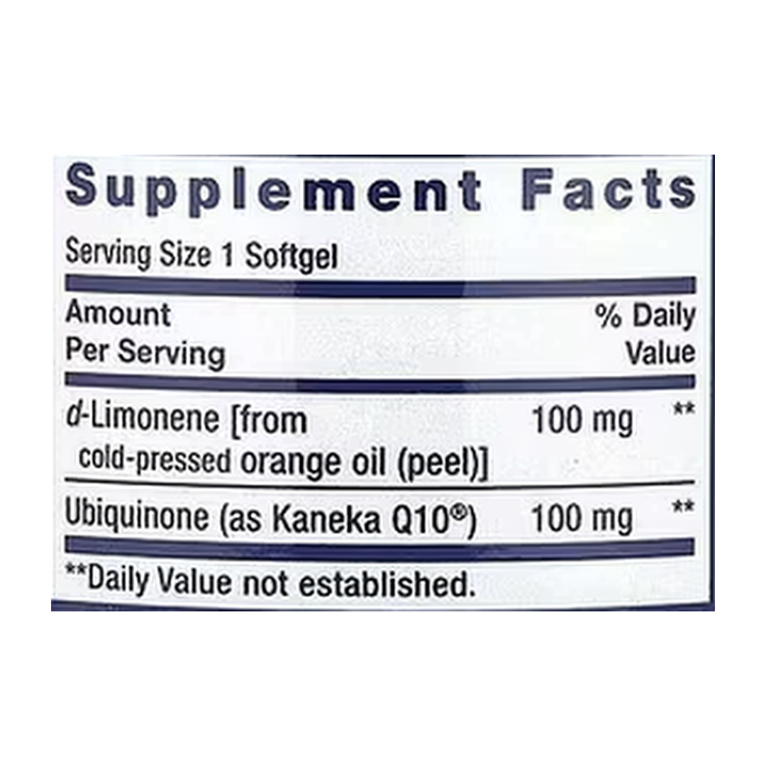 Life Extension, CoQ10 (Ubiquinone) with d-Limonene, 100 mg, 60 Softgels supplement facts label showing ingredients, vitamins, minerals, and serving information
