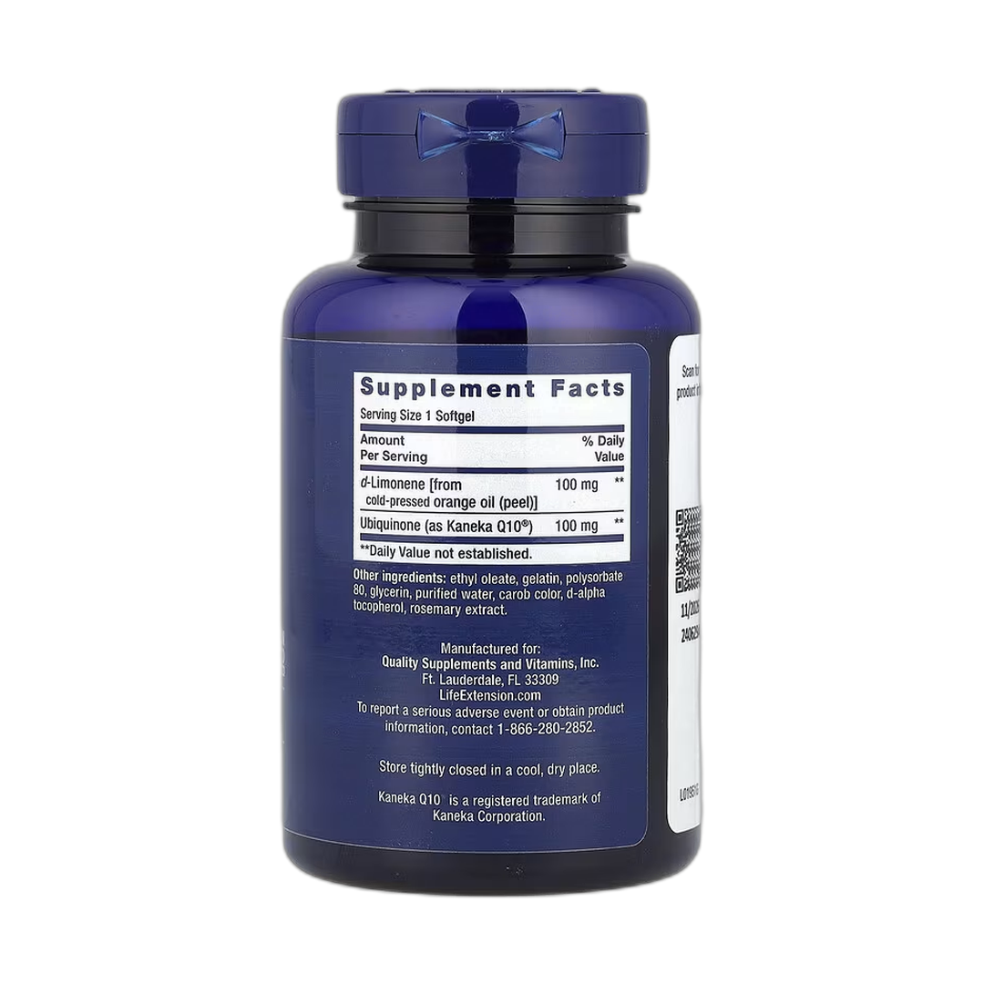 Life Extension, CoQ10 (Ubiquinone) with d-Limonene, 100 mg, 60 Softgels back packaging view