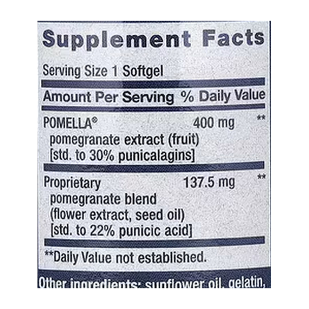Life Extension, Pomegranate Complete, 30 Softgels supplement facts label showing ingredients, vitamins, minerals, and serving information