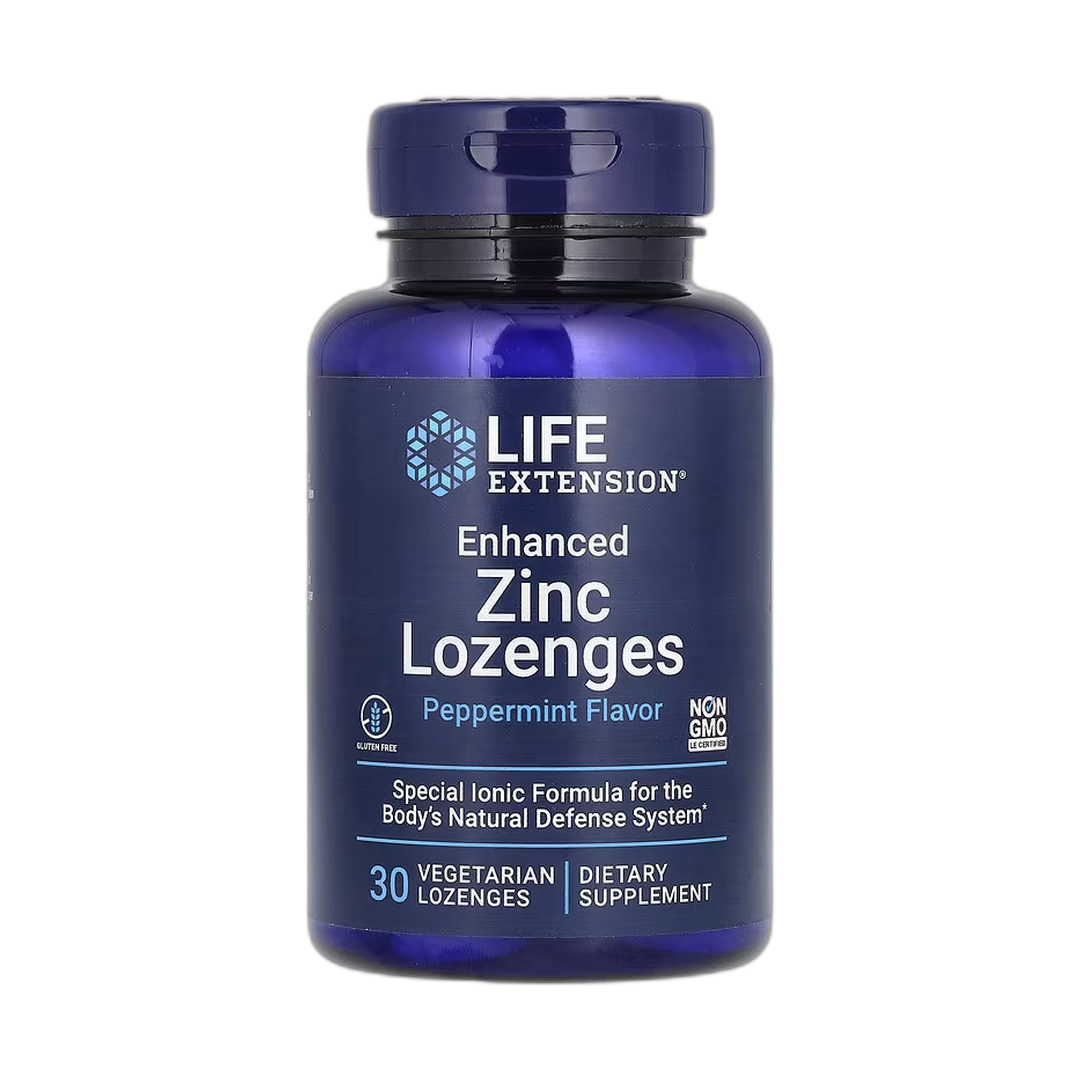 Life Extension, Enhanced Zinc Lozenges, Peppermint, 30 Vegetarian Lozenges front packaging view