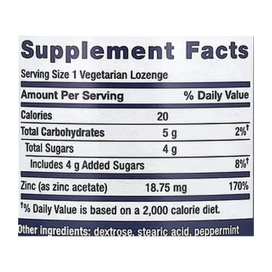 Life Extension, Enhanced Zinc Lozenges, Peppermint, 30 Vegetarian Lozenges supplement facts label showing ingredients, vitamins, minerals, and serving information