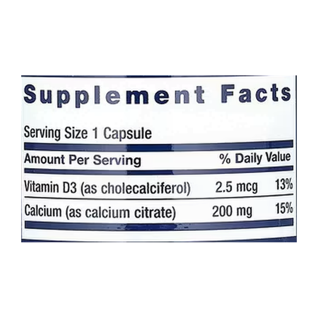 Life Extension, Calcium Citrate with Vitamin D, 200 Capsules supplement facts label showing ingredients, vitamins, minerals, and serving information