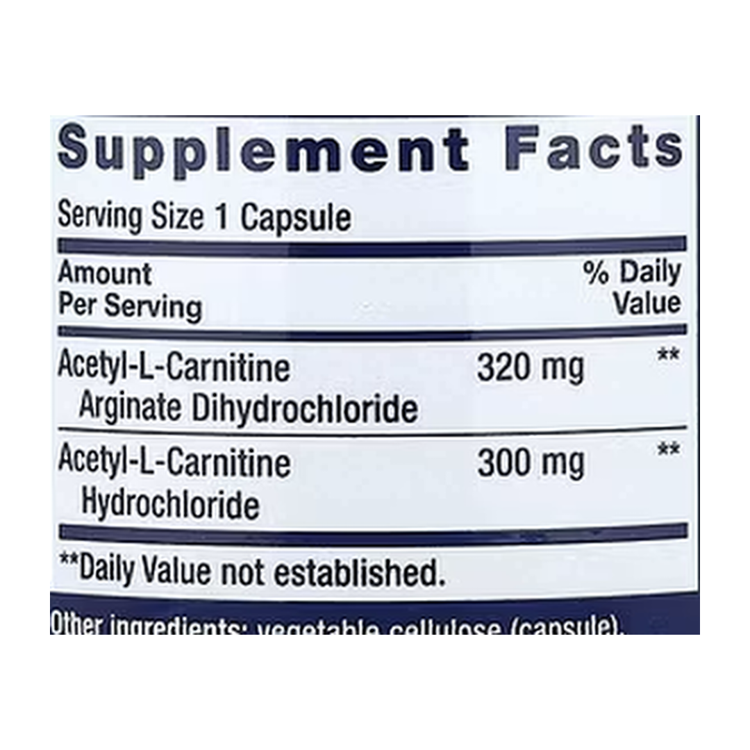 Life Extension, Acetyl-L-Carnitine Arginate, 90 Capsules supplement facts label showing ingredients, vitamins, minerals, and serving information