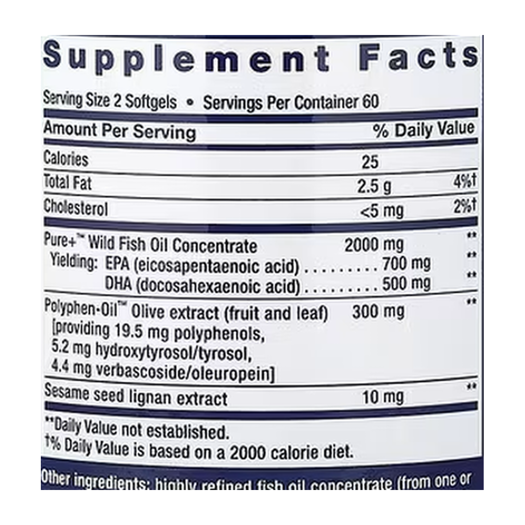 Life Extension, Super Omega-3, 120 Softgels supplement facts label showing ingredients, vitamins, minerals, and serving information