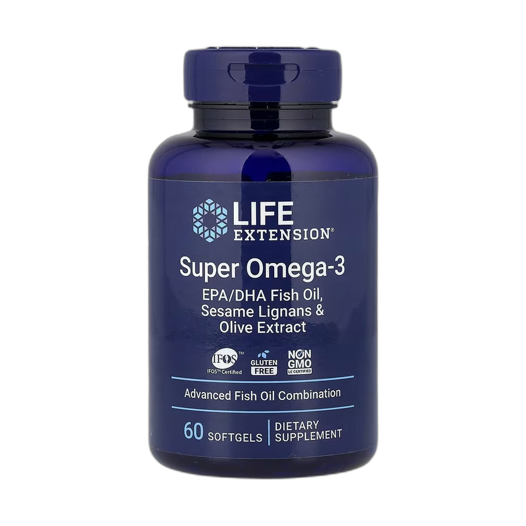 Life Extension, Super Omega-3, EPA/DHA Fish Oil, Sesame Lignans & Olive Extract, 60 Softgels front packaging view