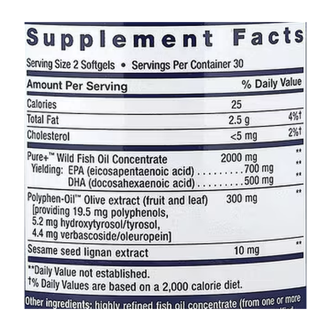 Life Extension, Super Omega-3, EPA/DHA Fish Oil, Sesame Lignans & Olive Extract, 60 Softgels supplement facts label showing ingredients, vitamins, minerals, and serving information