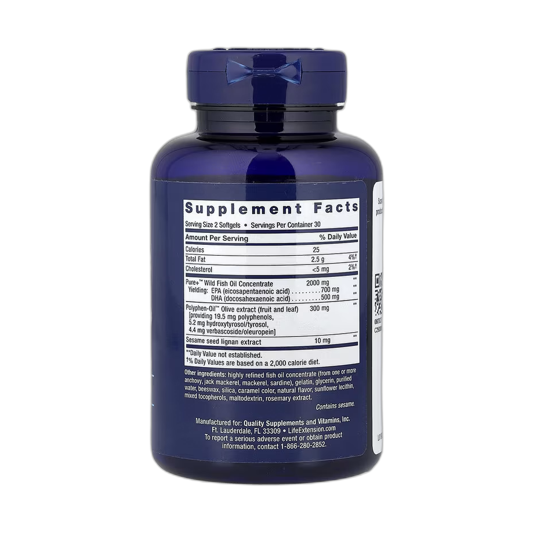 Life Extension, Super Omega-3, EPA/DHA Fish Oil, Sesame Lignans & Olive Extract, 60 Softgels back packaging view