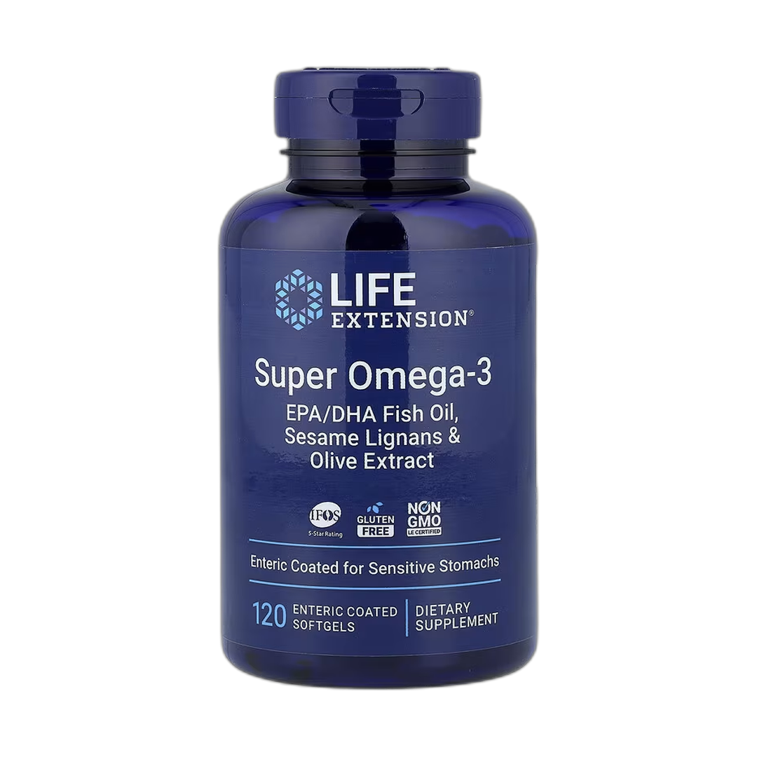 Life Extension, Super Omega-3, EPA/DHA Fish Oil, Sesame Lignans & Olive Extract, 120 Enteric Coated Soft front packaging view