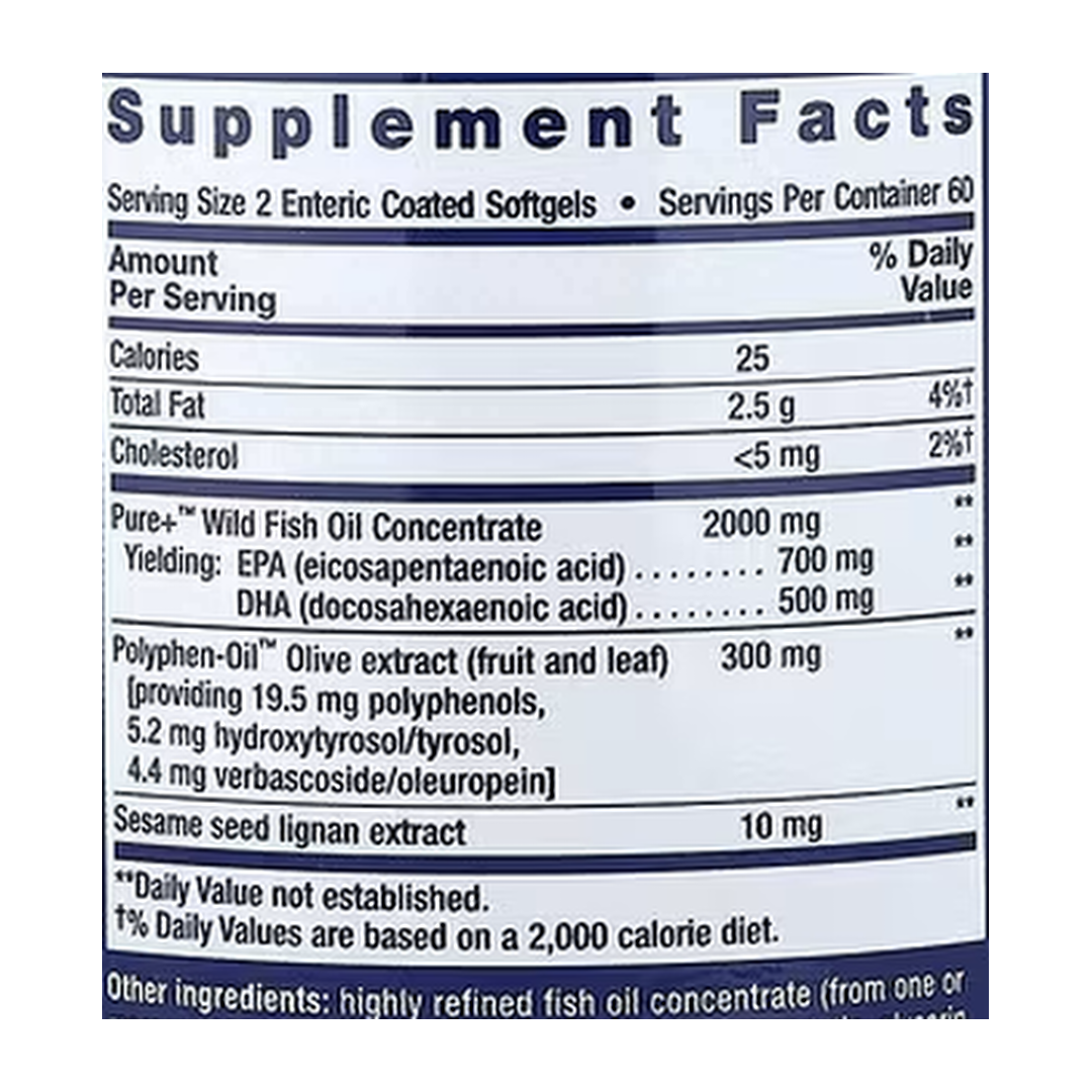 Life Extension, Super Omega-3, EPA/DHA Fish Oil, Sesame Lignans & Olive Extract, 120 Enteric Coated Softgels supplement facts label showing ingredients, vitamins, minerals, and serving information