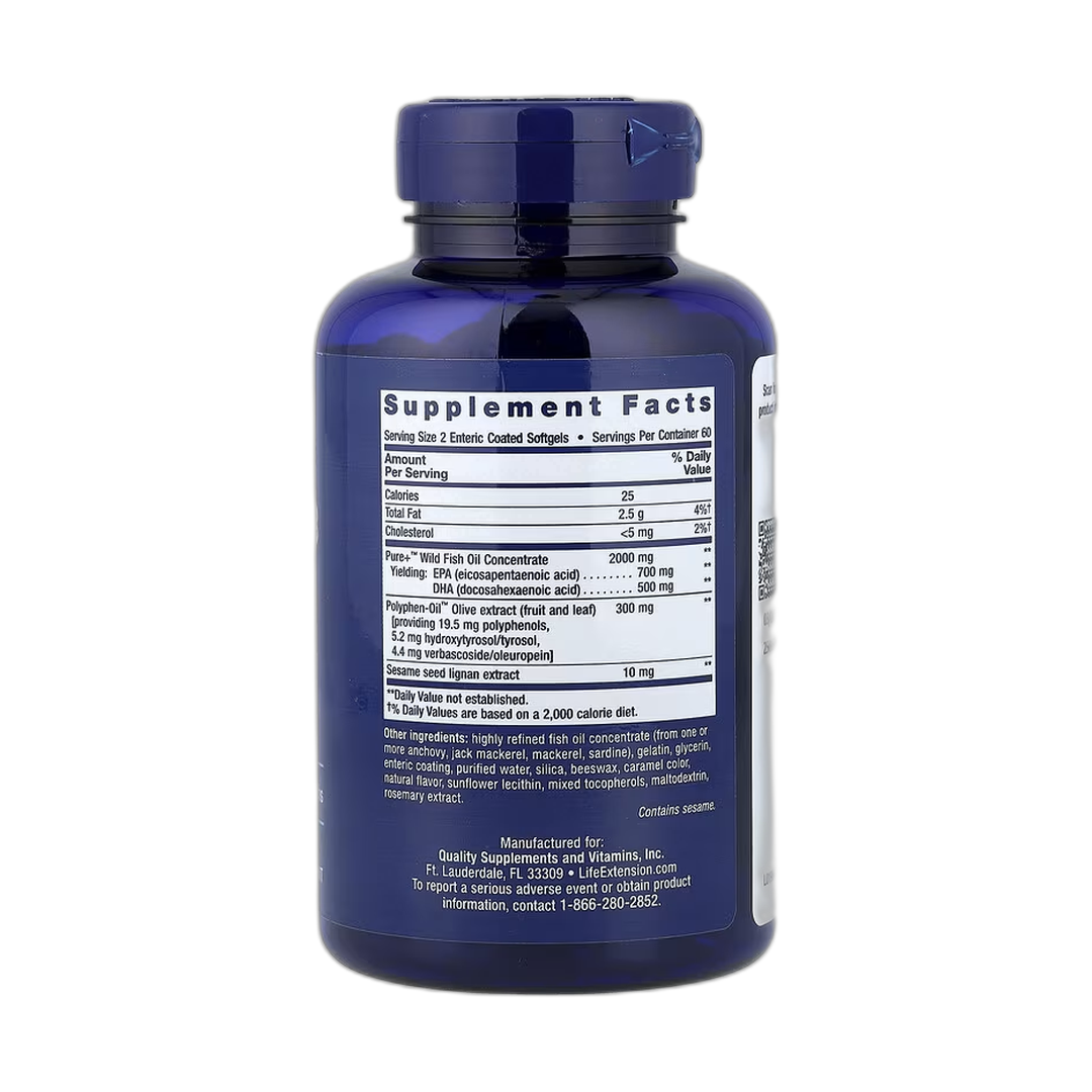 Life Extension, Super Omega-3, EPA/DHA Fish Oil, Sesame Lignans & Olive Extract, 120 Enteric Coated Softg back packaging view