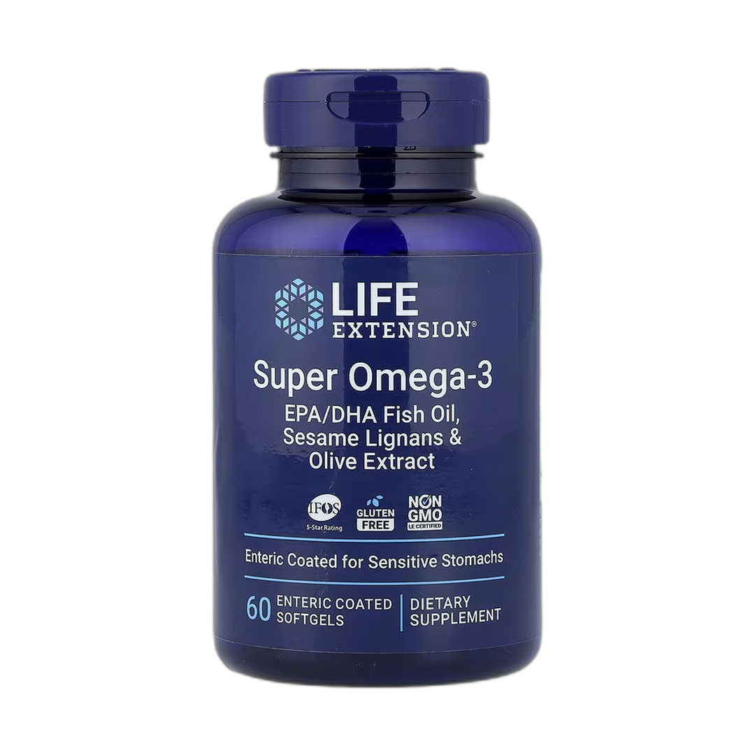 Life Extension, Super Omega-3, EPA/DHA Fish Oil, Sesame Lignans & Olive Extract, 60 Enteric Coated Softg front packaging view