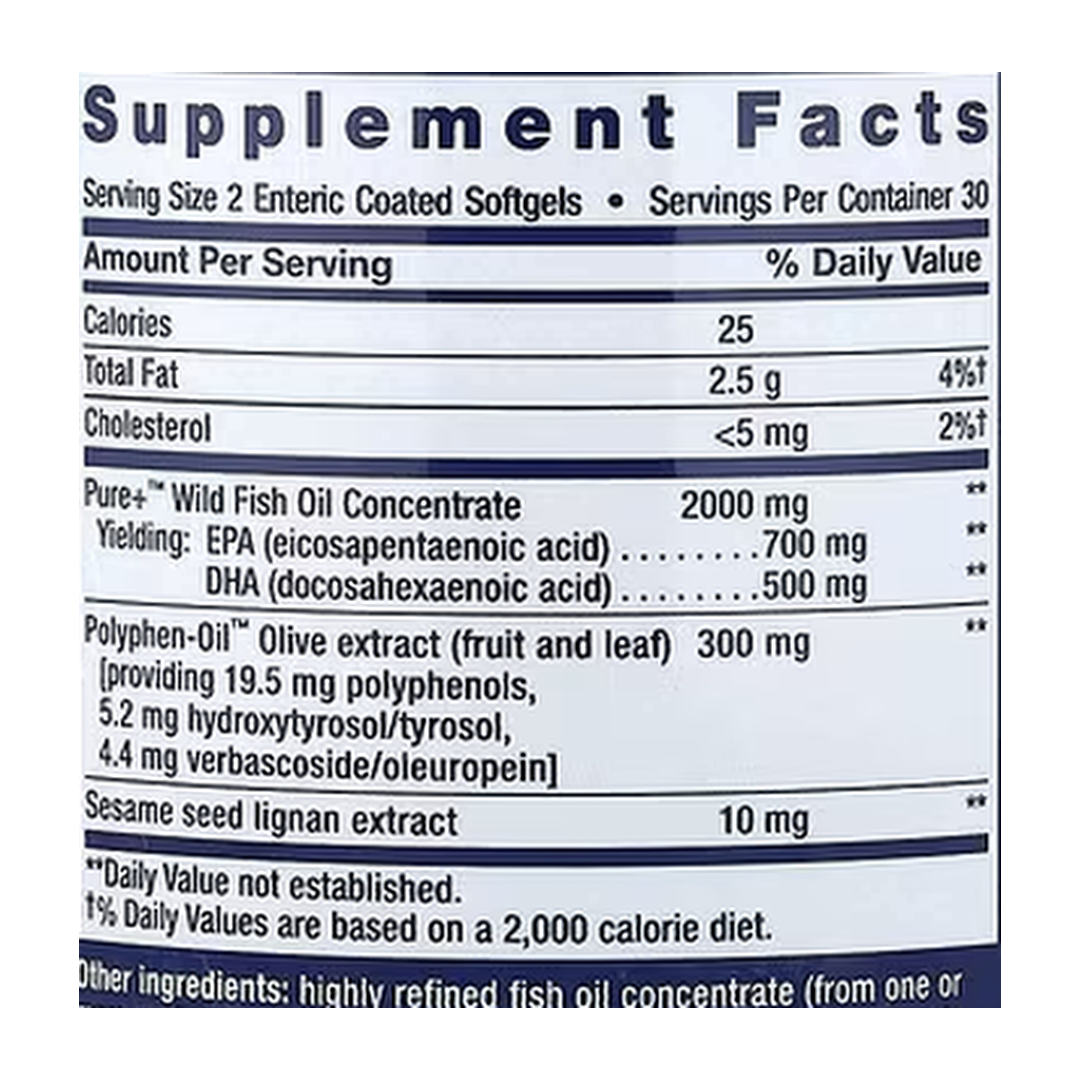 Life Extension, Super Omega-3, EPA/DHA Fish Oil, Sesame Lignans & Olive Extract, 60 Enteric Coated Softgels supplement facts label showing ingredients, vitamins, minerals, and serving information