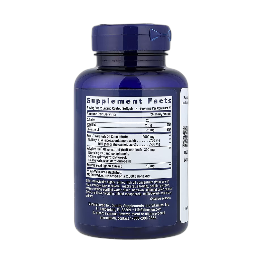 Life Extension, Super Omega-3, EPA/DHA Fish Oil, Sesame Lignans & Olive Extract, 60 Enteric Coated Softge back packaging view