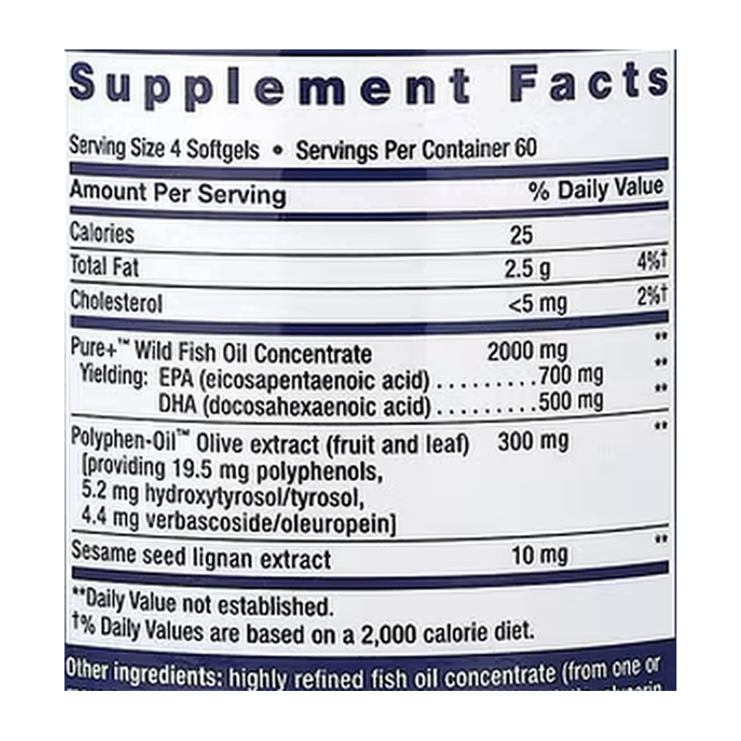 Life Extension, Super Omega-3, 240 Softgels supplement facts label showing ingredients, vitamins, minerals, and serving information