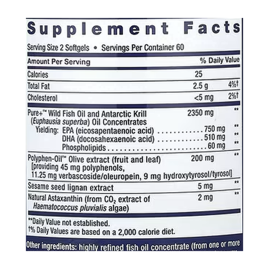 Life Extension, Super Omega-3 Plus, 120 Softgels supplement facts label showing ingredients, vitamins, minerals, and serving information