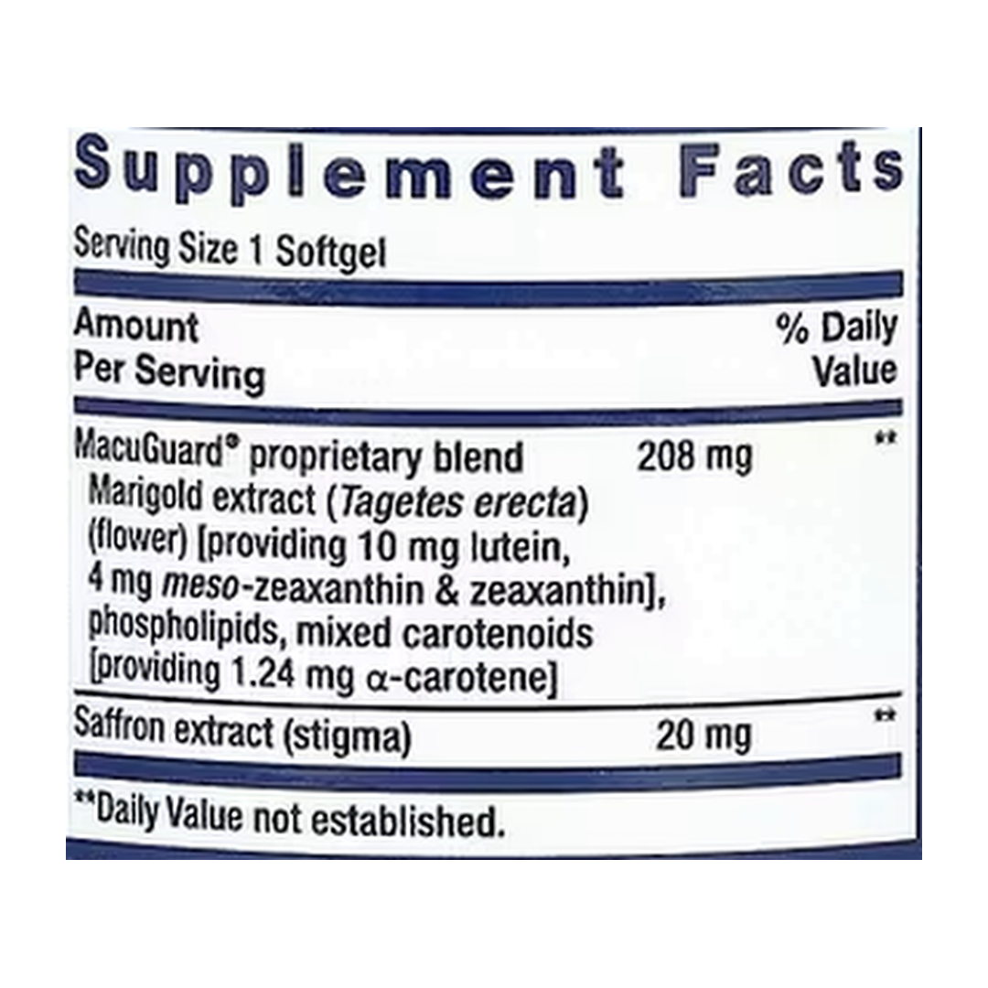 Life Extension, MacuGuard, Ocular Support with Saffron, 60 Softgels supplement facts label showing ingredients, vitamins, minerals, and serving information